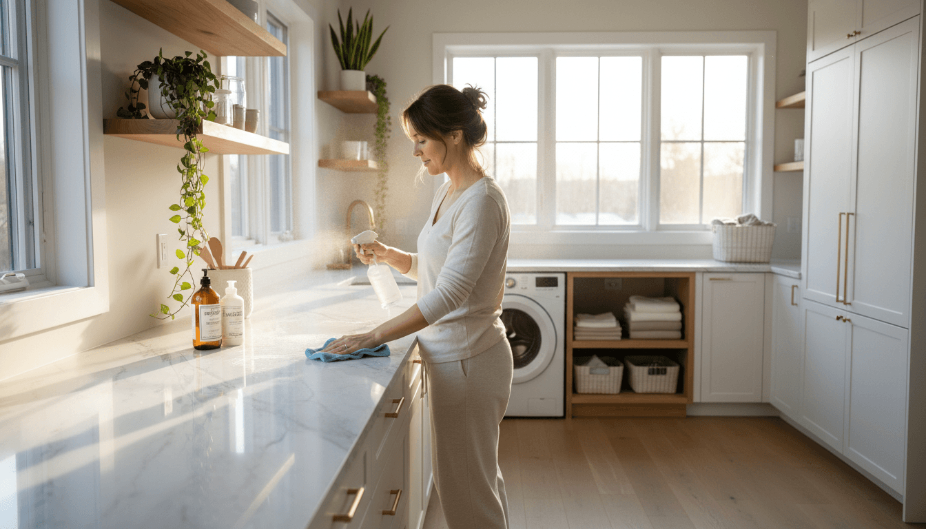 Cleaning professional with cleaning supplies in a bright home