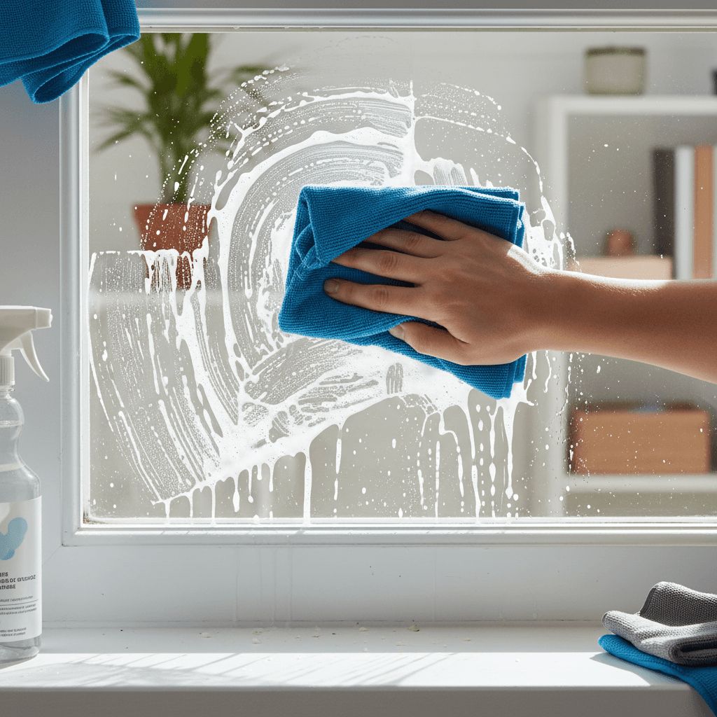 Residential cleaning professional in clean modern home dusting window sill