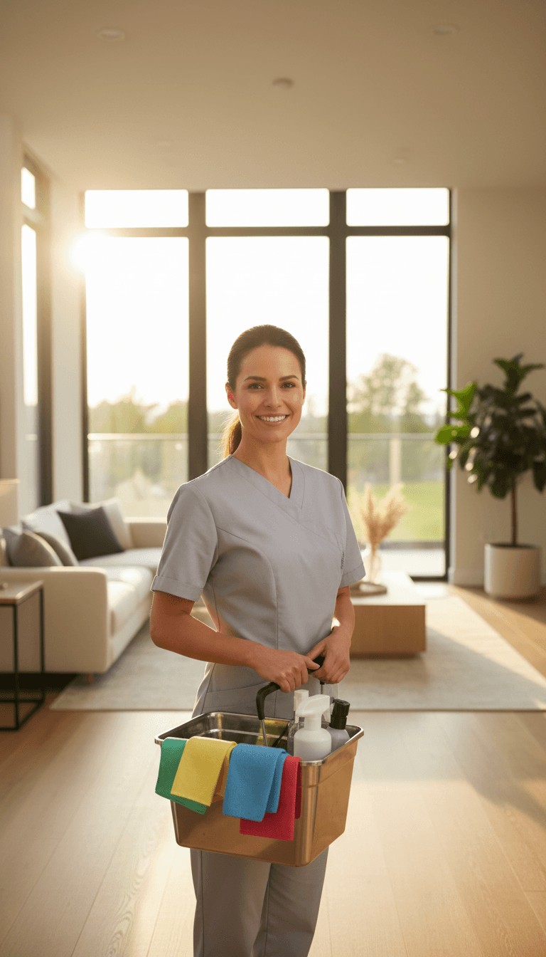 Professional cleaner ready for work in a tidy home