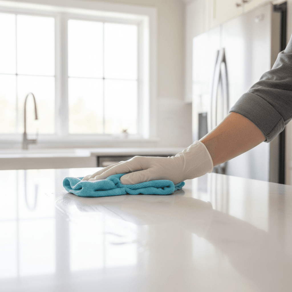 Cleaning debris from new kitchen floor after renovation