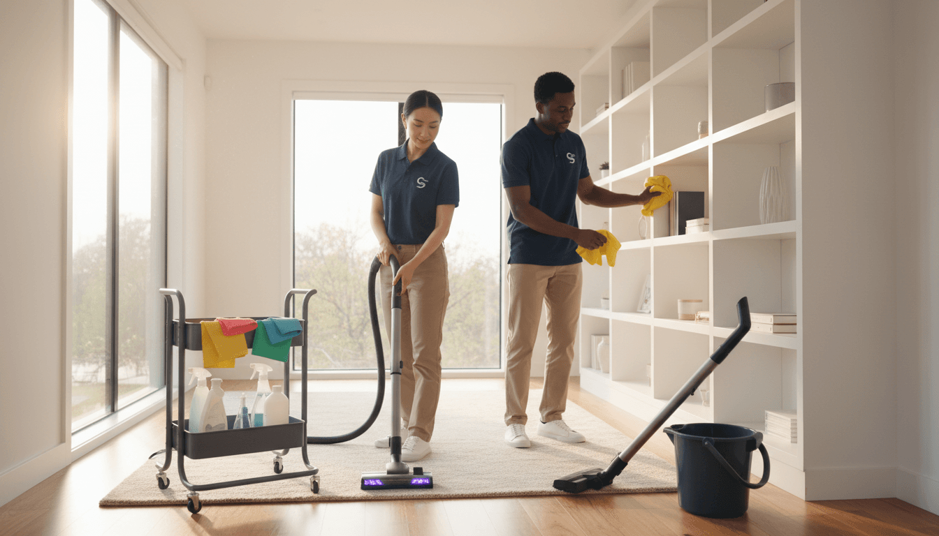 Residential cleaner dusting a living room surface