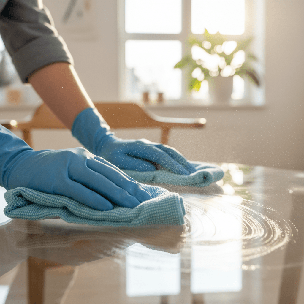Professional cleaner wiping baseboard with cloth in bright living room