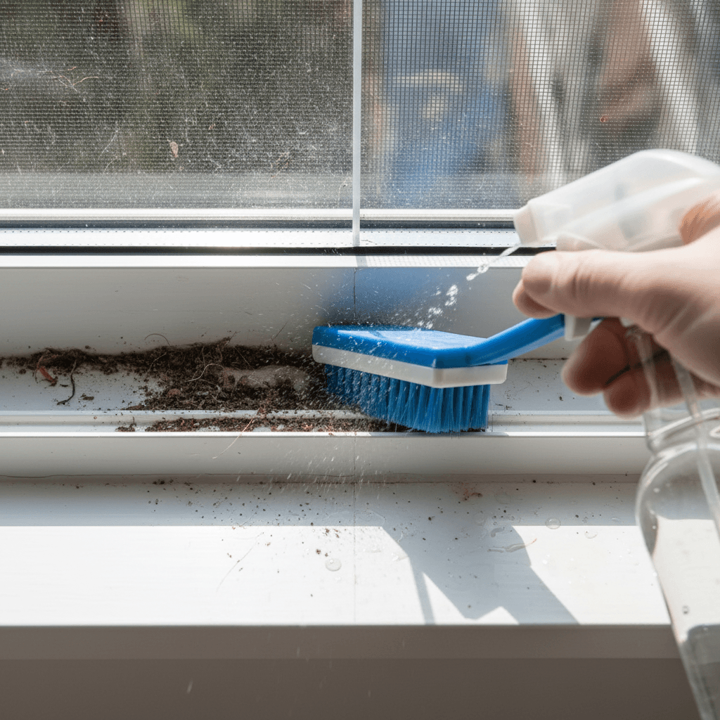 Clean white window sill and track after thorough cleaning