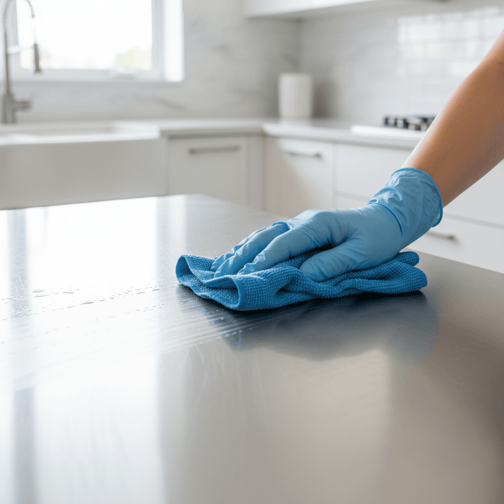 Professional cleaner wiping a countertop in a bright modern home